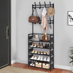 New Coat And Hat Stand 8 Hooks Metal Shoe Rack 5 Tiers Shelf Hanger Black