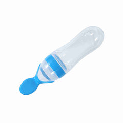 90mL Silicone Baby Toddler Feeding Bottle with Spoon Fresh Food Cereal Squeeze Feeder (Blue)