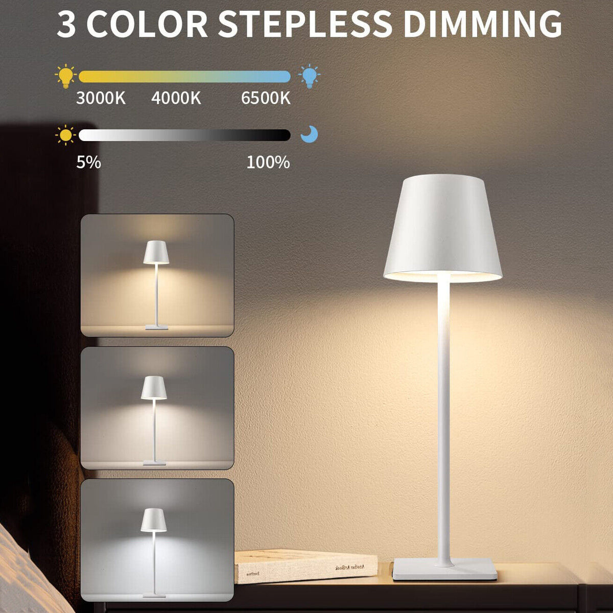 Rechargeable Cordless Metal Table Desk Lamp Touch Control Dimmable Night Light