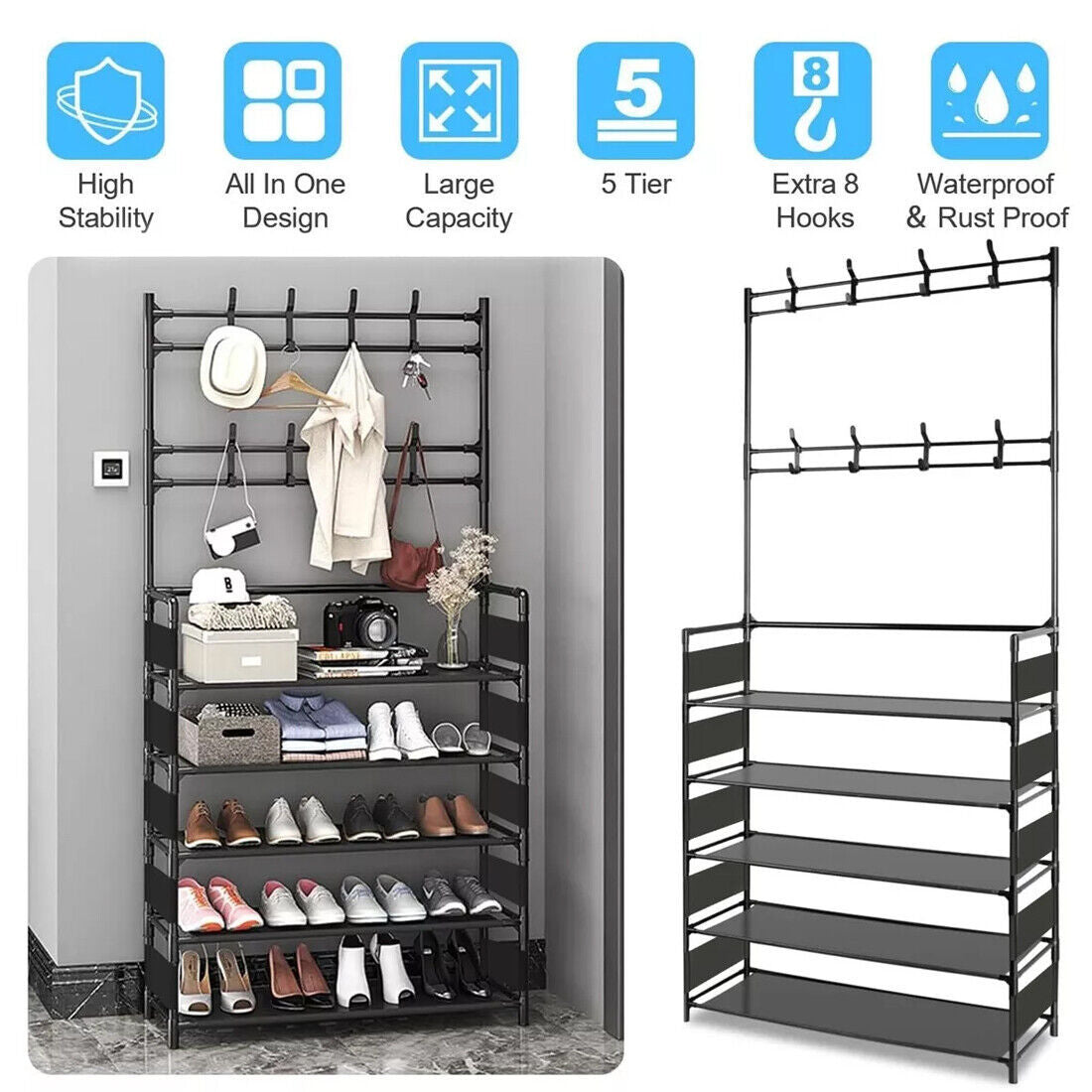 New Coat And Hat Stand 8 Hooks Metal Shoe Rack 5 Tiers Shelf Hanger Black