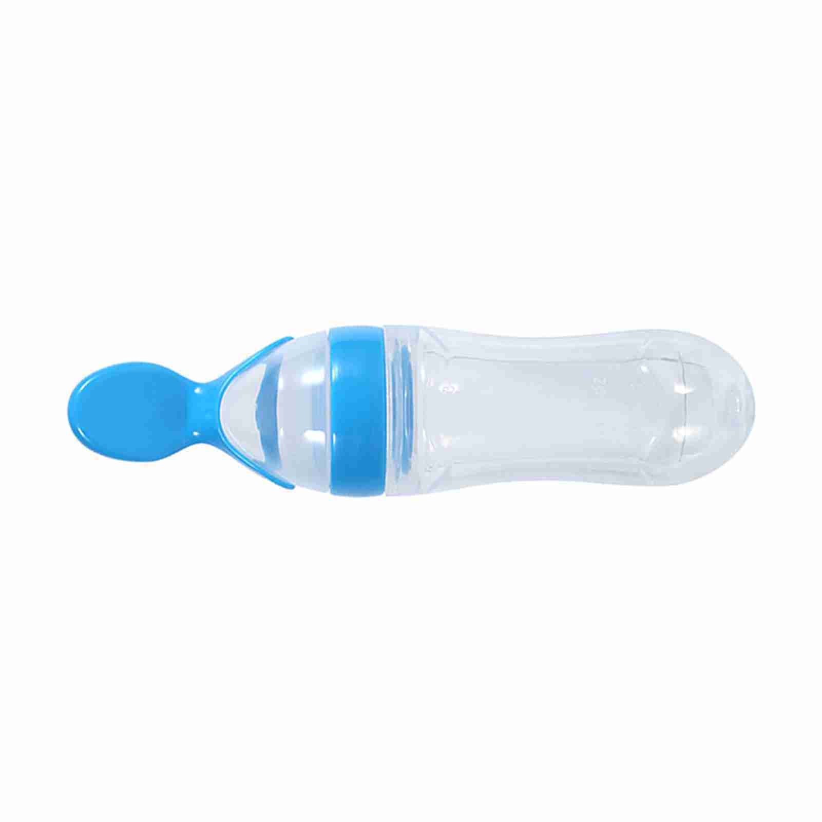 90mL Silicone Baby Toddler Feeding Bottle with Spoon Fresh Food Cereal Squeeze Feeder (Blue)