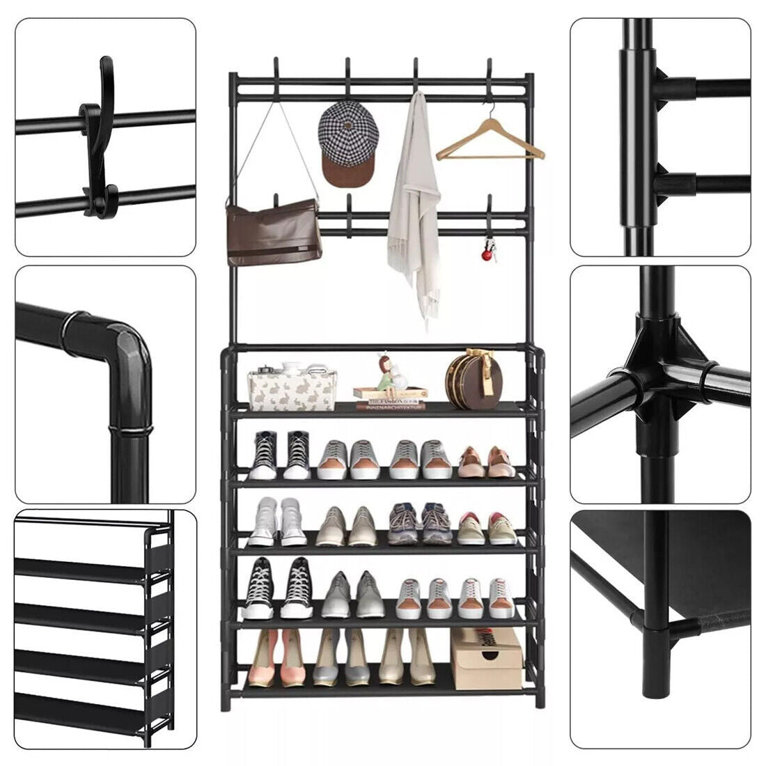 New Coat And Hat Stand 8 Hooks Metal Shoe Rack 5 Tiers Shelf Hanger Black