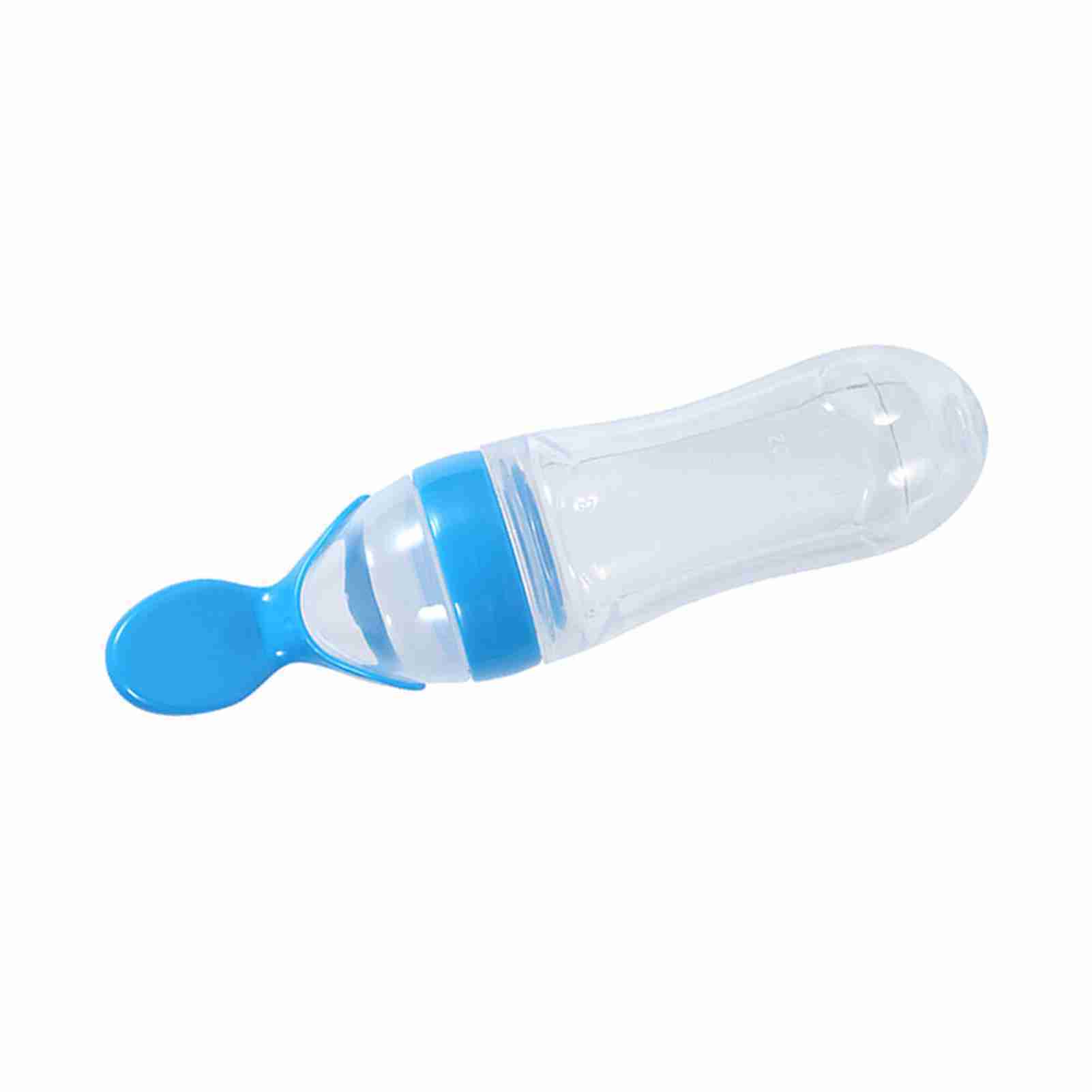 90mL Silicone Baby Toddler Feeding Bottle with Spoon Fresh Food Cereal Squeeze Feeder (Blue)