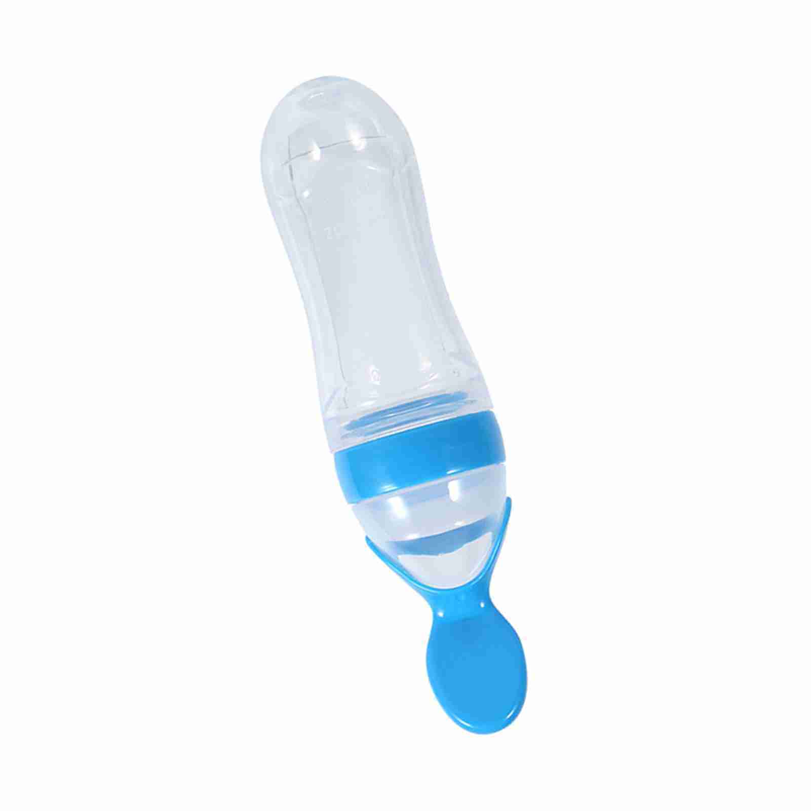 90mL Silicone Baby Toddler Feeding Bottle with Spoon Fresh Food Cereal Squeeze Feeder (Blue)