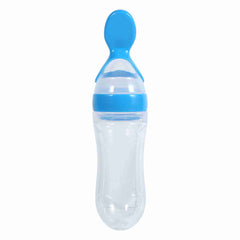 90mL Silicone Baby Toddler Feeding Bottle with Spoon Fresh Food Cereal Squeeze Feeder (Blue)